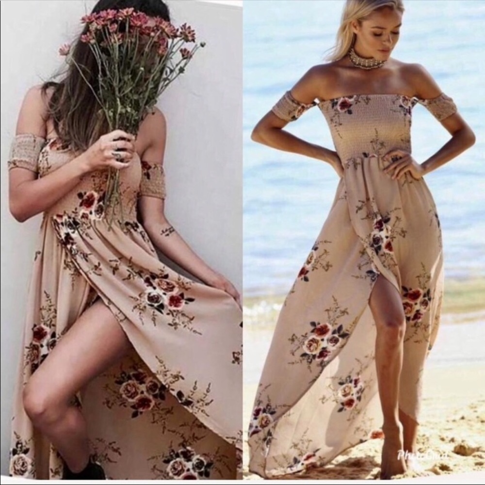 TAN FLORAL OFF SHOULDER MAXI DRESS